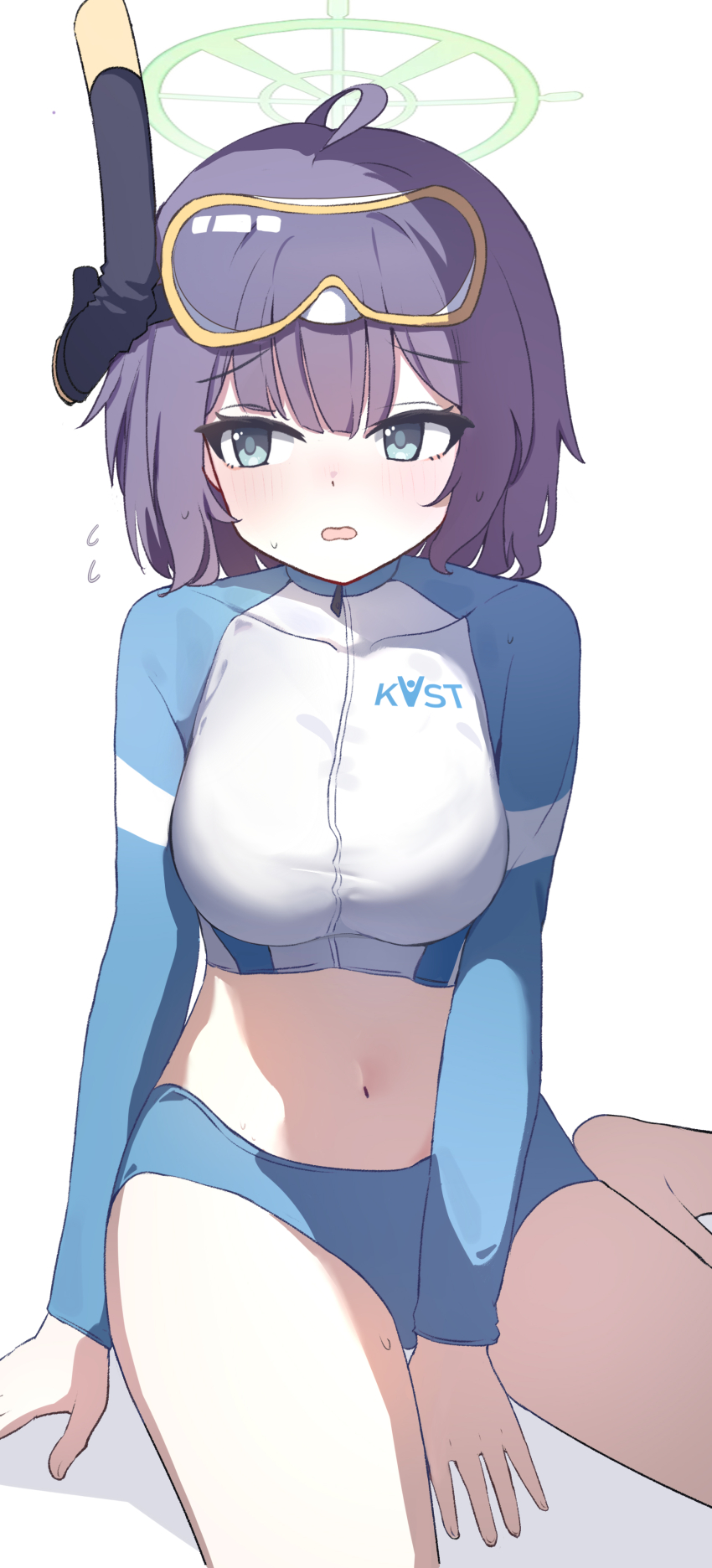 1girl absurdres astnya between_legs bikini blue_archive blue_bikini blue_eyes blush breasts crop_top diving_mask goggles green_eyes green_halo halo hand_between_legs happy_birthday highres large_breasts legs_apart looking_at_viewer medium_breasts medium_hair midriff navel purple_hair saki_(blue_archive) saki_(swimsuit)_(blue_archive) sitting snorkel solo swimsuit