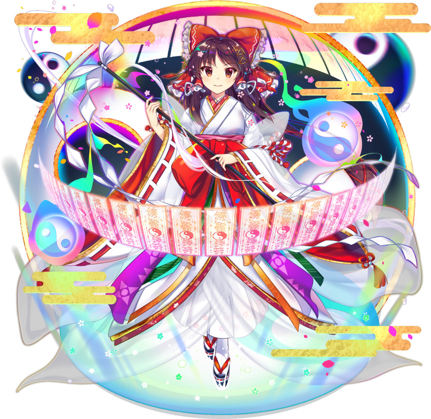 1girl alternate_costume black_sandals bow brown_eyes brown_hair closed_mouth egasumi frilled_bow frills full_body game_cg geta gohei hair_bow hakurei_reimu hakurei_reimu_(good_luck_shrine_maiden) happy highres holding holding_gohei japanese_clothes kimono kouhaku_nawa long_hair long_sleeves looking_at_viewer medium_hair obi official_art ofuda orb red_bow red_sash rope rotte_(1109) sandals sash shide shimenawa smile socks solo tabi third-party_source touhou touhou_lostword transparent_background white_kimono white_socks wide_sleeves yin_yang yin_yang_orb yin_yang_print