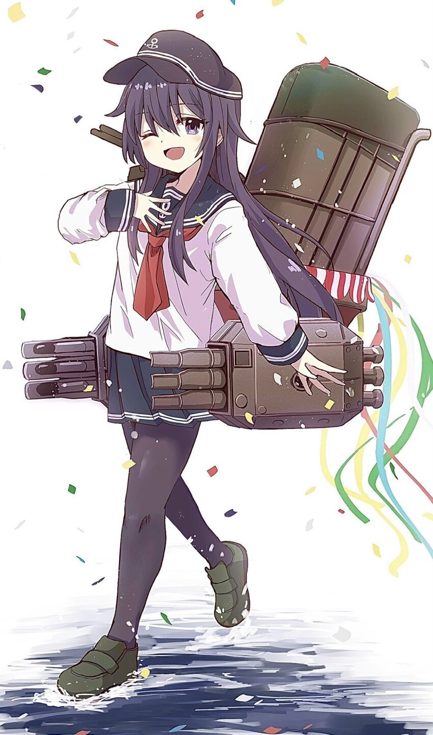 1girl akatsuki_(kancolle) anchor_symbol black_pantyhose blush commentary flat_cap full_body happy_birthday hat highres kantai_collection long_hair long_sleeves machinery neckerchief ocean open_mouth pantyhose pleated_skirt purple_eyes purple_hair red_neckerchief rigging rudder_footwear school_uniform serafuku ship_turret skirt smile smokestack symbol-only_commentary torpedo_launcher torpedo_tubes unagiman water
