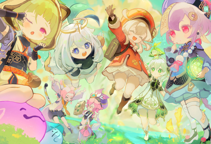 &gt;_&lt; 6+girls absurdres animal_ear_fluff animal_ears armpit_cutout arms_up backpack bag blonde_hair bloomers blue_dress blue_gloves blue_hat blue_shorts boots brown_bag brown_boots brown_gloves cat_ears cat_girl cat_tail child clothing_cutout commentary commentary_request creature_on_head crop_top cross-shaped_pupils detached_sleeves diona_(genshin_impact) dress english_commentary fingerless_gloves full_body genshin_impact giuniu_(unc_135) glasses gloves green_eyes green_hair hair_between_eyes hand_on_own_face hand_on_own_hip hat highres holding holding_bag jacket klee_(genshin_impact) looking_at_viewer medium_hair mixed-language_commentary multiple_girls nahida_(genshin_impact) one_eye_closed open_mouth paimon_(genshin_impact) pink_eyes pink_hair pink_skirt purple_eyes purple_hair purple_hat purple_shirt qingdai_guanmao qiqi_(genshin_impact) randoseru red_dress red_hat round_eyewear sayu_(genshin_impact) shirt shorts sitting skirt smile socks standing standing_on_one_leg suspender_skirt suspenders symbol-shaped_pupils tail underwear white_bloomers white_boots white_dress white_hair white_jacket white_socks wide_sleeves