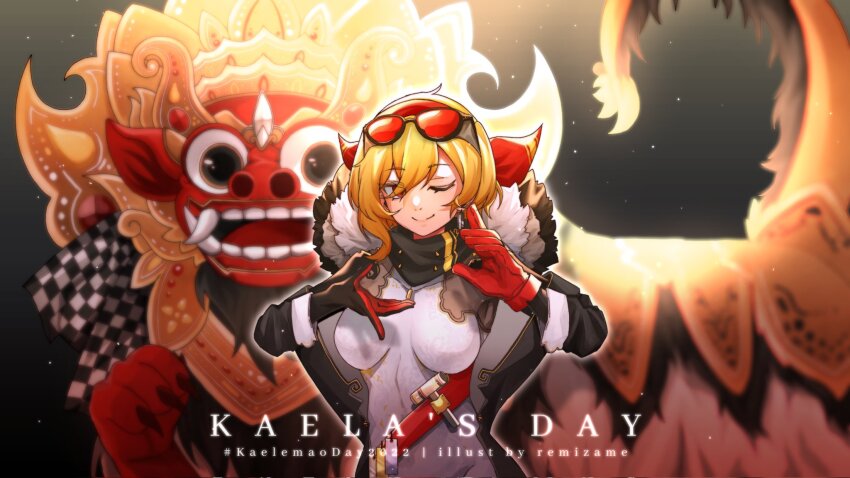 1girl 1other animal artist_request birthday black_background blonde_hair breasts character_name claws english_text eyes_visible_through_hair fangs glasses_on_head gloves gold highres hololive hololive_indonesia jacket kaela_kovalskia large_breasts one_eye_closed open_mouth red_eyes smile tail teeth