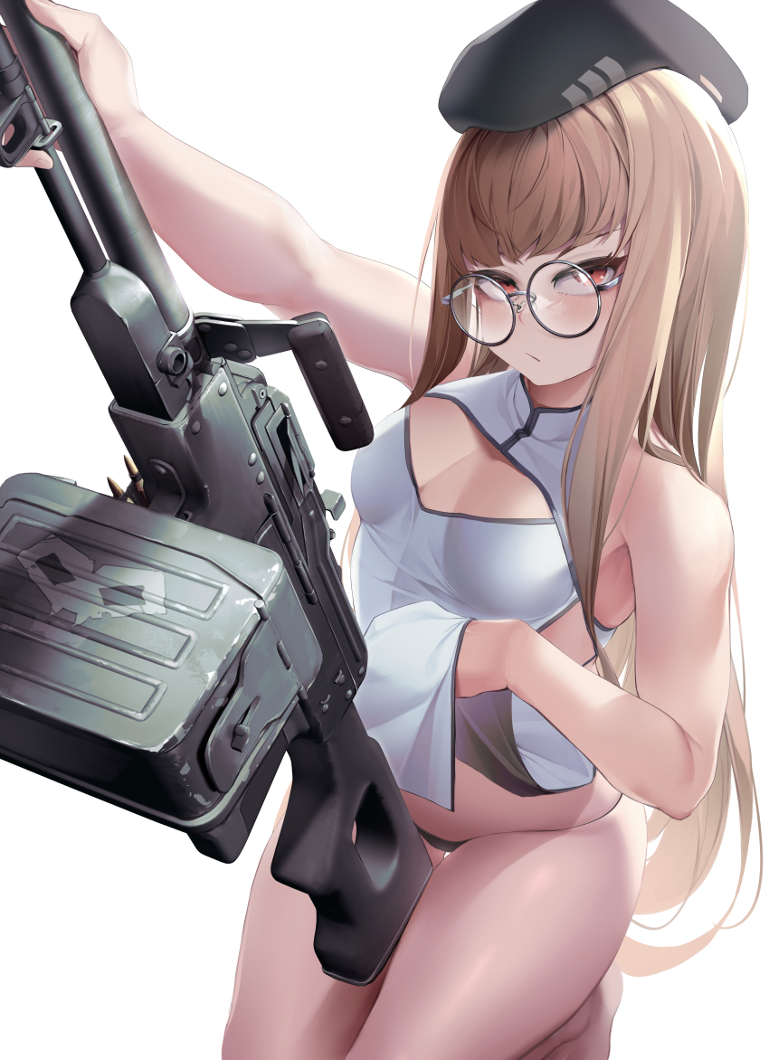 1girl absurdres beret bikini black_bikini black_hat blunt_bangs breasts brown_eyes brown_hair check_weapon china_dress chinese_clothes clothes_lift commentary commission dress dress_lift english_commentary expressionless girls&#039;_frontline glasses gun hat highres holding holding_gun holding_weapon long_hair looking_at_viewer machine_gun nine_(kanine41) round_eyewear sidelocks simple_background small_breasts solo swimsuit type_80_(girls&#039;_frontline) type_80_machine_gun very_long_hair weapon weapon_request white_background