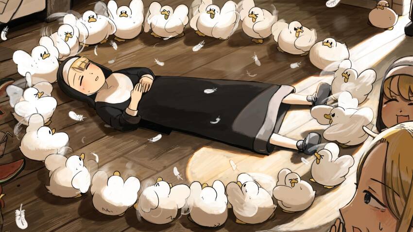 &gt;_&lt; 4girls :d bendy_straw bird black_shoes blonde_hair blue_eyes chicken closed_eyes clumsy_nun_(diva) commentary cup diva_(hyxpk) drinking_straw duck english_commentary feathers food fruit highres little_nuns_(diva) lying melon multiple_girls nun on_floor one_eye_closed open_mouth shoes smile spicy_nun_(diva) star_ornament strict_nun&#039;s_mother_(diva) sweat traditional_nun wing_flapping