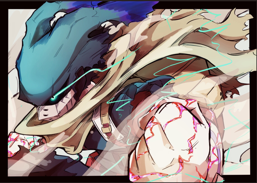 1boy aqua_mask backpack bag belt belt_pouch black_border blue_bodysuit bodysuit boku_no_hero_academia border cape clenched_hands commentary covered_face electricity eye_trail eyes_in_shadow floating_cape floating_clothes foreshortening from_side gloves glowing_lines green_eyes hands_up highres leaning_forward light_trail looking_ahead male_focus mask masked midoriya_izuku mouth_mask official_alternate_costume outside_border pouch profile shion_(1016_shio) smoke smoke_trail solo spoilers torn_cape torn_clothes torn_mask torn_sleeve upper_body white_gloves yellow_bag yellow_cape