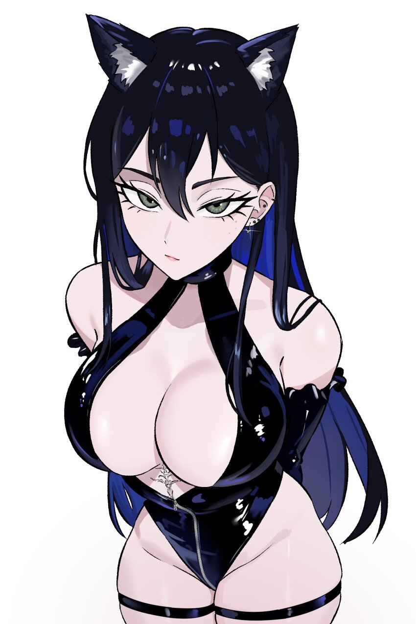 1girl absurdres animal_ears arms_behind_back breasts cat_ears cat_girl cleavage ear_piercing from_above grey_eyes highres leather_leotard long_hair looking_at_viewer piercing purple_hair real_life shiny_skin stomach_tattoo tattoo thighhighs thighs zeon_(zzeeonn)