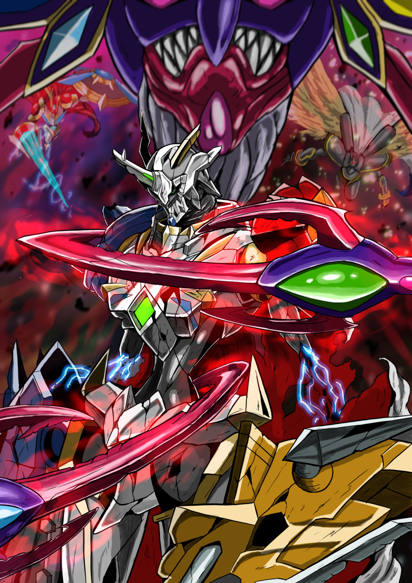 absurdres alphamon alphamon_ouryuken damaged digimon digimon_(creature) dukemon dukemon_x-antibody green_eyes highres horns lance ogudomon ogudomon_x-antibody omegamon omegamon_x-antibody polearm sharp_teeth shield teeth tentacles weapon