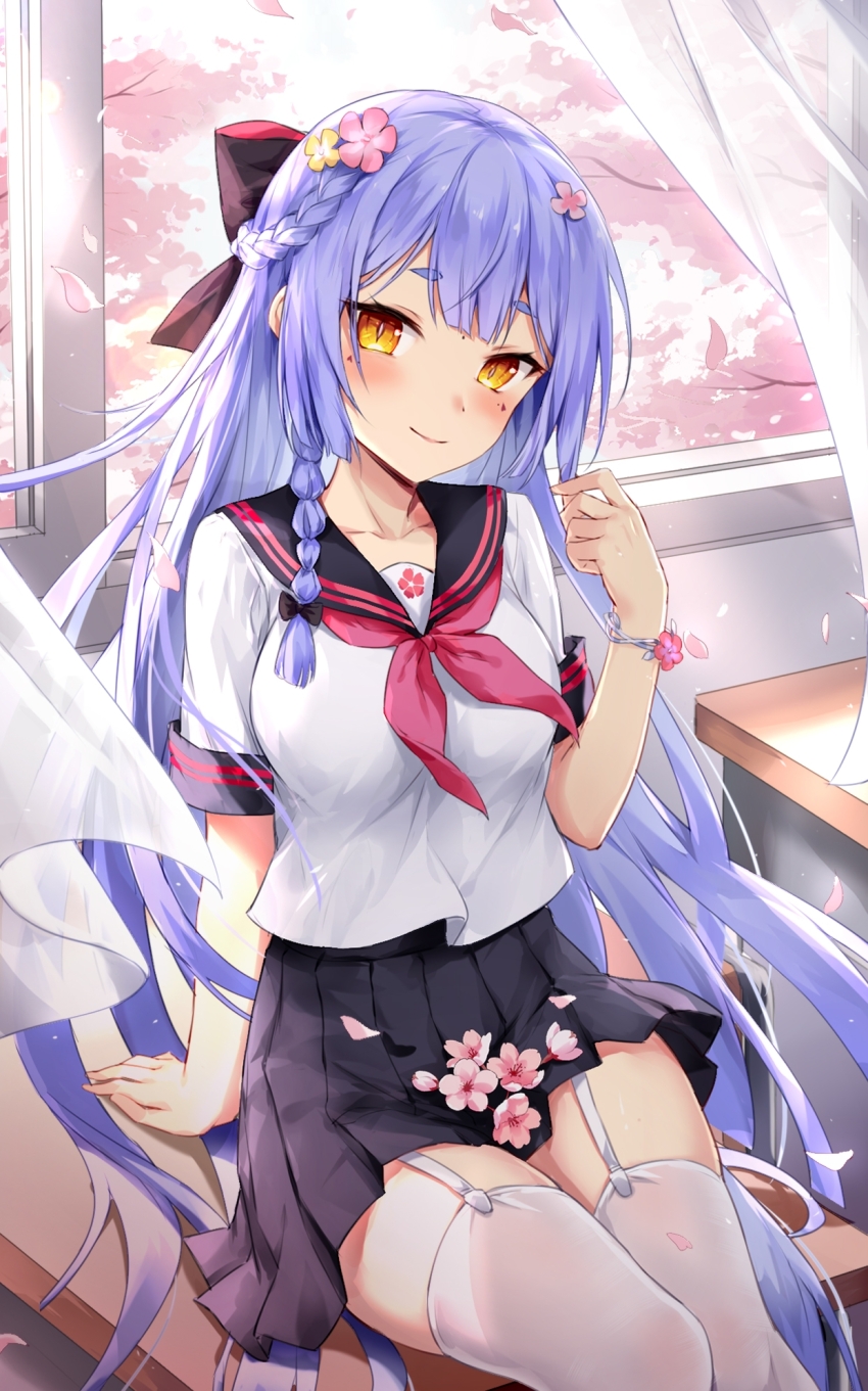 1girl artist_request azusa_(vtuber) virtuareal_link black_bow black_sailor_collar black_skirt blue_hair blush bow braid breasts cherry_blossoms closed_mouth collarbone curtains desk flower garter_straps hair_bow hair_flower hair_ornament hand_up highres long_hair looking_at_viewer medium_breasts neckerchief nijisanji official_alternate_costume official_art petals pink_flower pleated_skirt red_neckerchief sailor_collar school_desk school_uniform serafuku shirt short_sleeves sitting skirt smile solo thighhighs third-party_source very_long_hair virtual_youtuber virtuareal white_shirt white_thighhighs yellow_eyes zettai_ryouiki