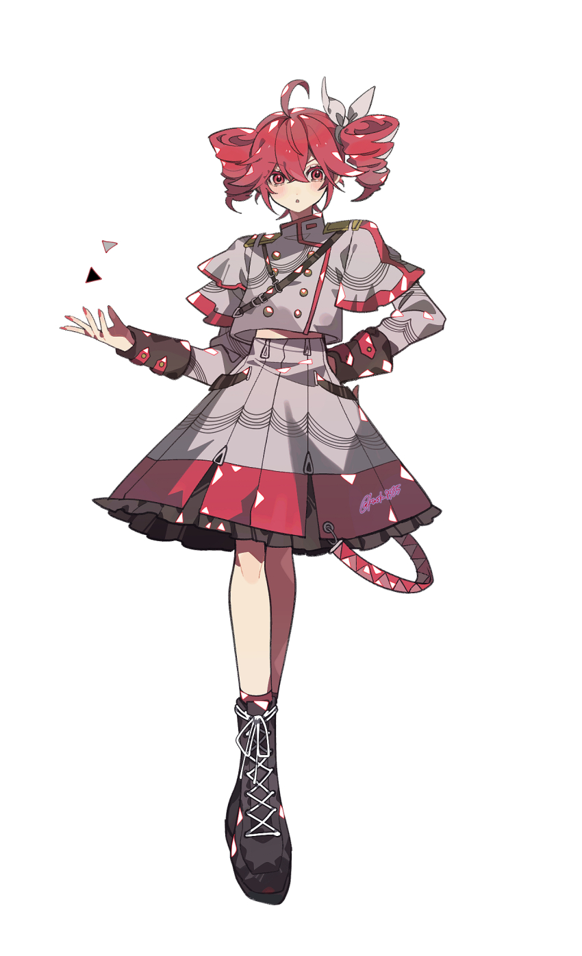 1girl :o ahoge black_boots black_sleeve_cuffs boots commentary drill_hair frilled_skirt frills grey_jacket grey_skirt hair_ribbon hand_on_own_hip highres jacket kasane_teto kasane_teto_(sv) kawasaki_(kwsk_8765) lace-up_boots long_hair long_sleeves looking_at_viewer open_mouth red_eyes red_hair ribbon shoulder_belt simple_background skirt solo symbol-only_commentary synthesizer_v triangle twin_drills twitter_username utau white_background white_ribbon