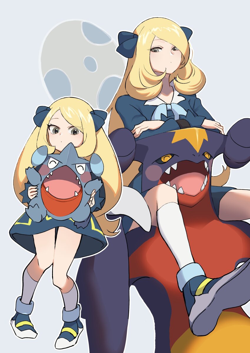1girl absurdres age_progression aged_down blonde_hair blue_ribbon blush bow breasts child closed_mouth commentary_request cynthia_(pokemon) dress dual_persona egg evolutionary_line garchomp gen_4_pokemon gible grey_eyes hair_ornament hair_over_one_eye hair_ribbon highres holding infantilism long_hair looking_at_viewer mijukuma nintendo official_alternate_costume open_mouth pokemon pokemon_(anime) pokemon_(creature) pokemon_egg pokemon_jn122 pokemon_journeys ribbon simple_background smile time_paradox very_long_hair