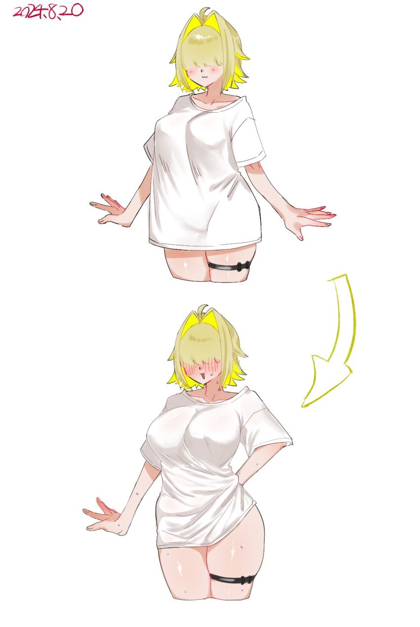 1girl arrow_(symbol) bibie307 blonde_hair breasts clothes_pull collarbone elegg_(nikke) goddess_of_victory:_nikke hair_intakes hair_over_eyes highres large_breasts long_bangs shirt_pull simple_background solo sweat thigh_strap thighs white_background