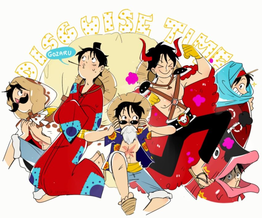 &gt;_&lt; 1boy black_hair black_pants cesel coat commentary fake_beard fake_facial_hair fake_horns floral_print fur-trimmed_coat fur_trim hat horns japanese_clothes kimono monkey_d._luffy multiple_views o-ring official_alternate_costume one_piece pants red_horns red_kimono sandals scar scar_on_chest scar_on_face short_hair straw_hat sunflower_print sunglasses