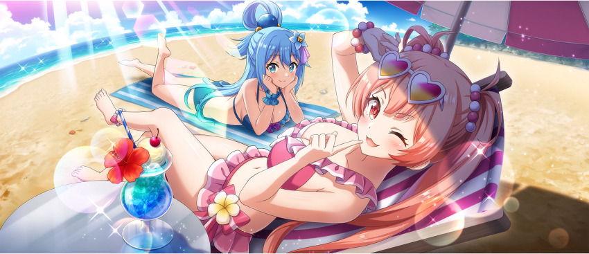 2girls ;3 anklet aqua_(konosuba) arm_up armpit_crease bare_arms bare_legs bare_shoulders barefoot beach beach_chair beach_towel beach_umbrella bead_anklet bead_bracelet beads bikini blue_bikini blue_eyes blue_flower blue_hair blue_scrunchie blue_sky bow bow_bikini bracelet breasts chair cleavage closed_mouth cloud cloudy_sky collarbone crossed_legs cup double-parted_bangs drinking_glass erika_(konosuba) eyewear_on_head finger_to_mouth flower frilled_bikini frills from_above game_cg hair_beads hair_between_eyes hair_flower hair_flowing_over hair_ornament hair_rings hands_on_own_cheeks hands_on_own_face heart heart-shaped_eyewear highres horizon hurricane_glass jewelry kono_subarashii_sekai_ni_shukufuku_wo! konosuba!_fantastic_days large_breasts leg_up light_blush long_hair looking_at_viewer lounge_chair lying multiple_girls navel ocean official_alternate_costume official_art on_chair on_ground on_stomach one_eye_closed open_mouth outdoors pink-tinted_eyewear pink_bikini pink_bow pink_eyes pink_hair reclining sand scrunchie shade shiny_skin shushing sideboob sidelocks single_hair_ring sky smile stomach sunlight swimsuit thighs tinted_eyewear towel twintails umbrella v-shaped_eyebrows very_long_hair water white-framed_eyewear wrist_scrunchie