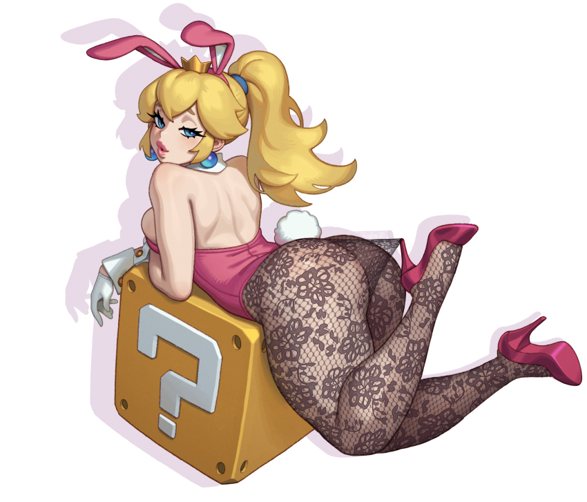 1girl absurdres animal_ears blonde_hair blue_eyes breasts commentary crown earrings english_commentary fake_animal_ears fake_tail floral_print_pantyhose gloves high_heels highres hooked_on_heel jewelry lace_pantyhose lace_pantyhose_hooked_on_heel_(meme) large_breasts leotard long_hair looking_at_viewer mario_(series) meme nintendo pantyhose pantyhose_tug pink_leotard pink_shoes playboy_bunny princess_peach puckered_lips rabbit_ears rabbit_tail riz seductive_gaze seductive_smile shoes sideboob simple_background smile solo sphere_earrings strapless strapless_leotard tail white_background