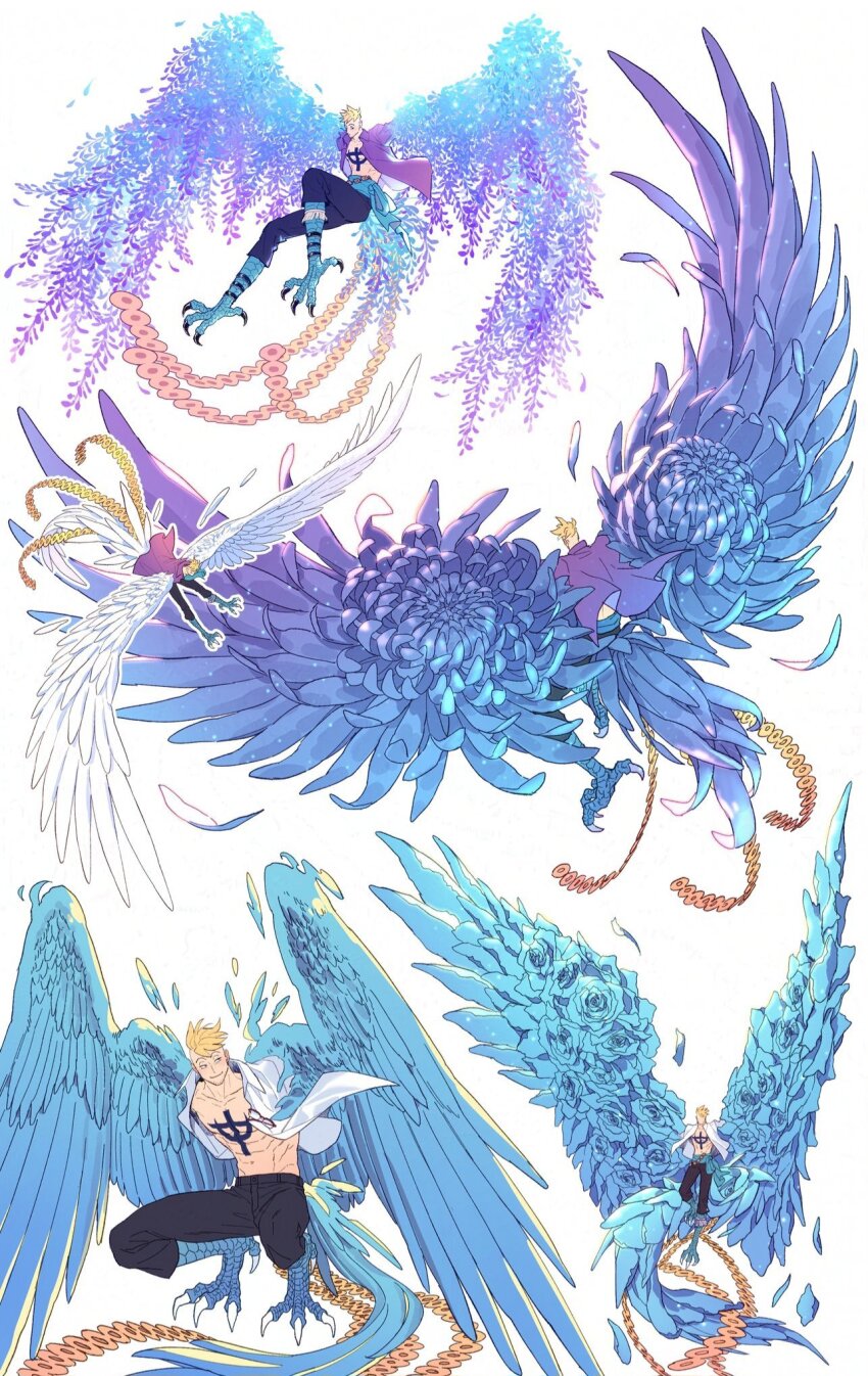 1boy anchor_symbol blonde_hair blue_flower blue_rose blue_sash blue_wings chest_tattoo claws commentary_request flower harpy_boy highres korean_commentary male_focus marco_(one_piece) monster_boy multiple_views murokan_77 one_piece open_clothes open_shirt purple_shirt rose sash shirt simple_background solo tail tattoo white_background white_shirt white_wings wings