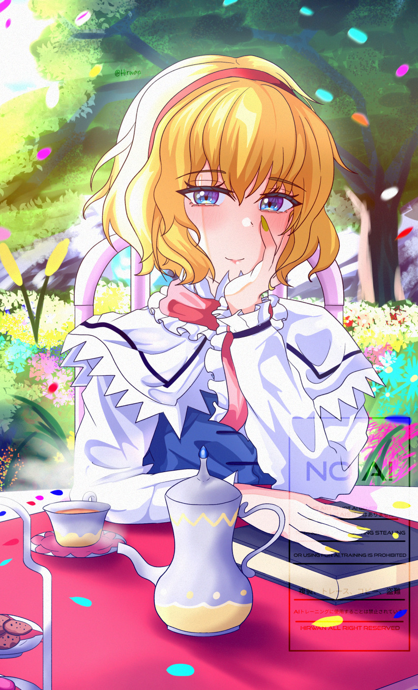 absurdres alice_margatroid blonde_hair blue_dress book capelet dress falling_petals floral_background frilled_hairband frilled_sash frills grimoire grimoire_of_alice hairband highres hirwannew petals sash touhou