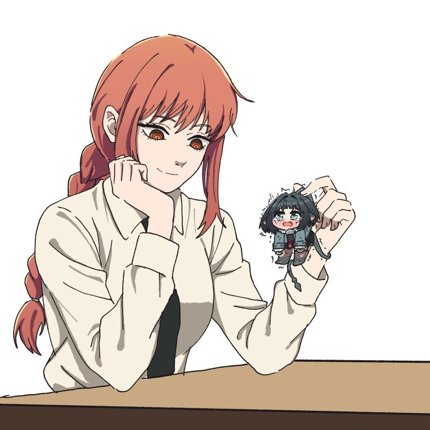 2girls animal_ears black_hair black_necktie bluebird_(leh951025) blush braid chainsaw_man closed_mouth collared_shirt crossover crying crying_with_eyes_open fang green_eyes highres holding jacket jane_doe_(zenless_zone_zero) long_hair long_sleeves long_tail looking_at_another makima_(chainsaw_man) mini_person minigirl mouse_ears multiple_girls necktie open_mouth pantyhose raised_inner_eyebrows red_hair ringed_eyes scared sharp_tail shirt shoes single_braid single_leg_pantyhose single_thighhigh size_difference smile tail tail_wrap tears thighhighs torn_clothes torn_pantyhose torn_thighhighs trembling wing_collar zenless_zone_zero