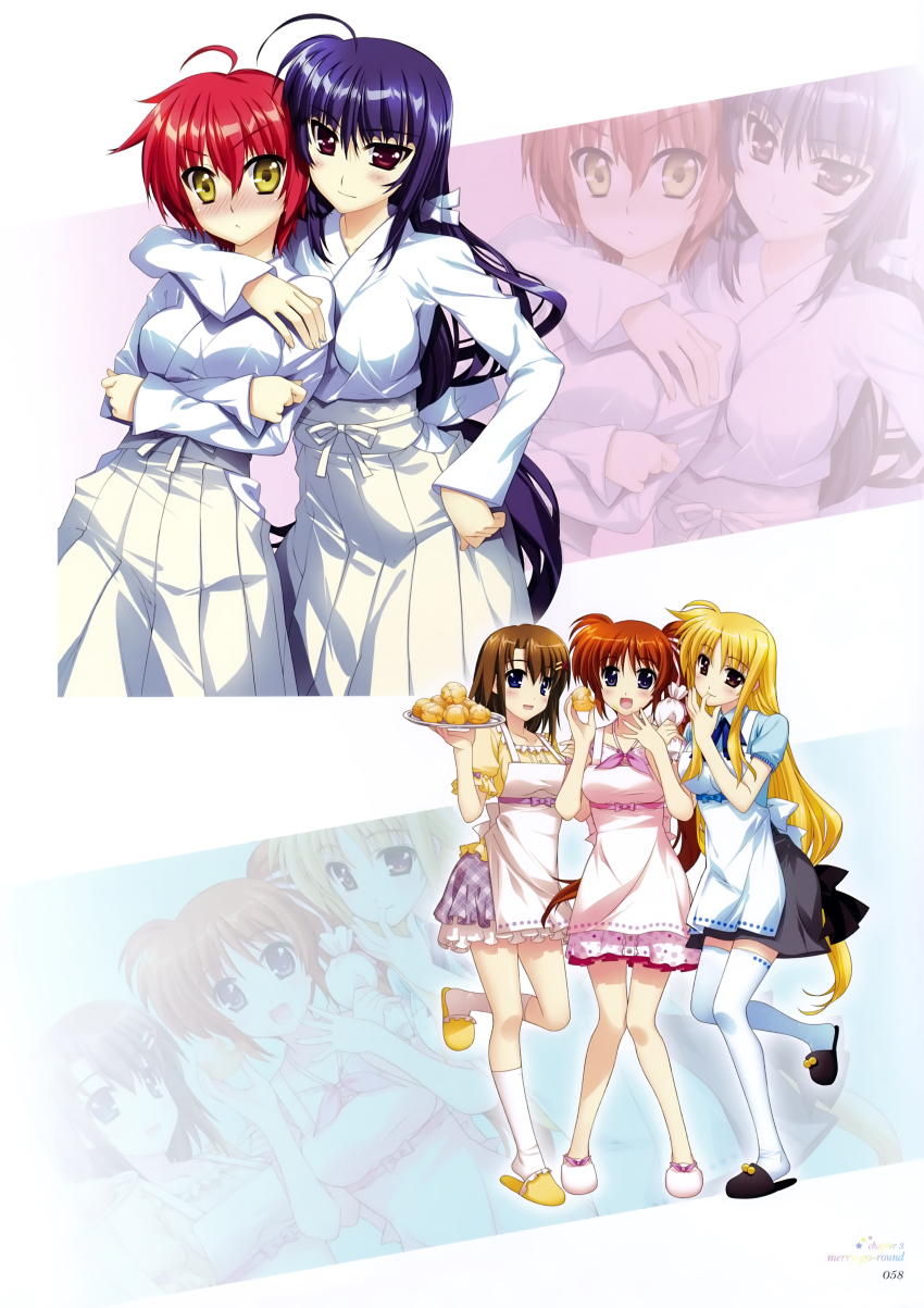 10s 5girls :d absurdres ahoge apron blonde_hair blue_eyes blush bow brown_hair crossed_arms fate_testarossa food fujima_takuya hair_bow hair_ornament hair_ribbon hand_on_own_hip highres hug japanese_clothes long_hair low-tied_long_hair lyrical_nanoha mahou_shoujo_lyrical_nanoha_vivid mikaya_chevelle miko multiple_girls nove_(nanoha) numbers_(nanoha) official_art open_mouth orange_hair pastry plate purple_eyes purple_hair red_eyes red_hair ribbon short_hair side_ponytail skirt smile takamachi_nanoha thighhighs tress_ribbon very_long_hair white_legwear x_hair_ornament yagami_hayate yellow_eyes zoom_layer