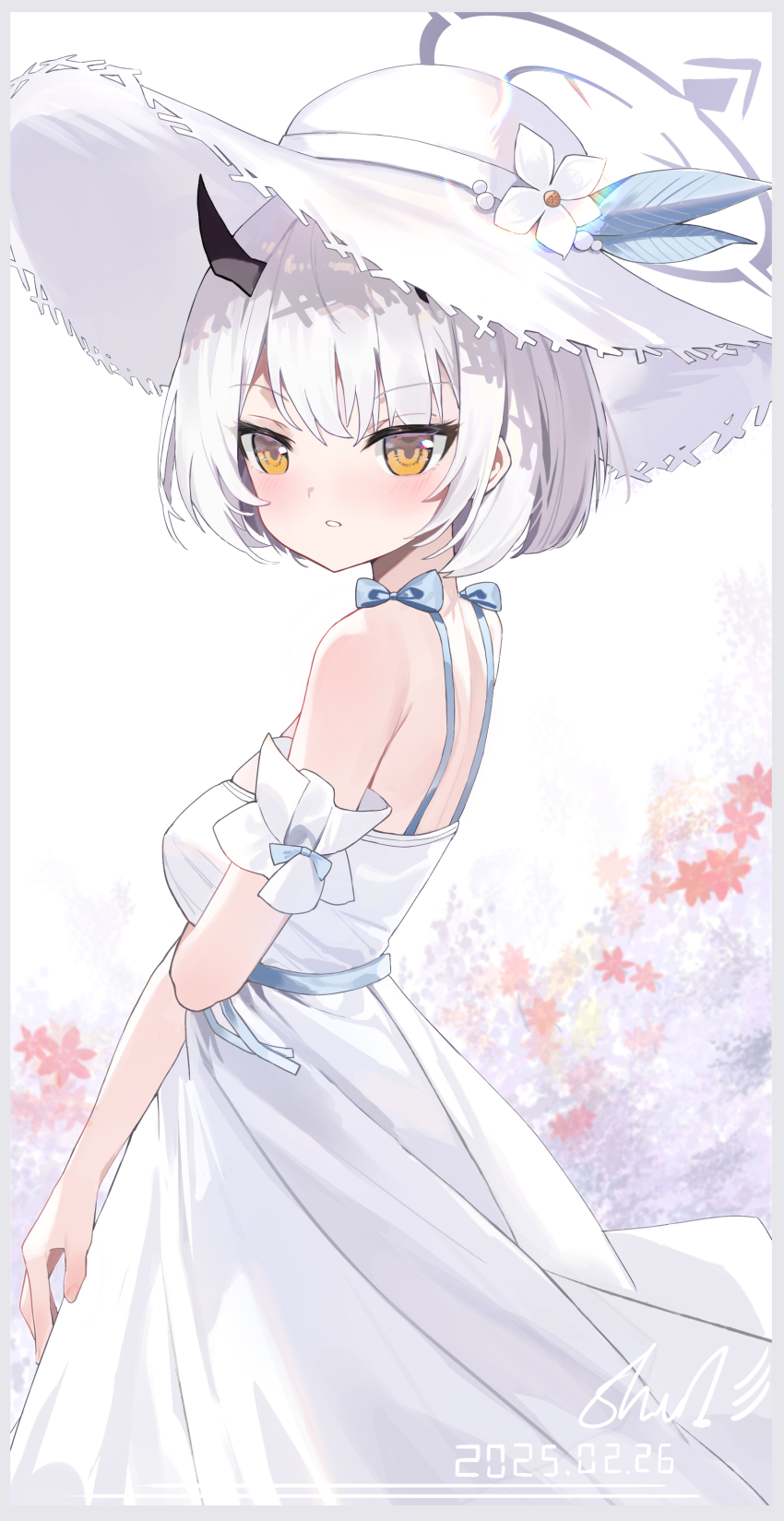1girl absurdres armband bare_shoulders black_horns blue_archive breasts dress frilled_armband frills grey_halo halo hat highres horns luo_shu medium_breasts official_alternate_costume official_alternate_hairstyle open_mouth outdoors sena_(blue_archive) sena_(casual)_(blue_archive) short_hair sky solo sun_hat sundress white_armband white_dress white_hair yellow_eyes