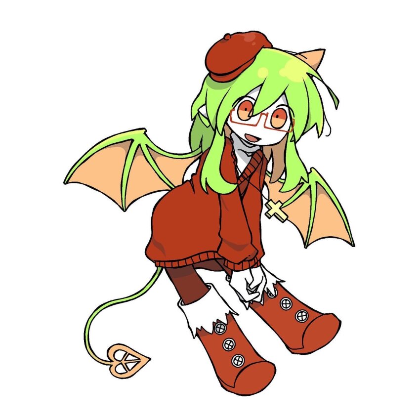 1girl beret birdweon boots colored_skin cross cross_necklace demon demon_girl demon_horns demon_tail demon_wings funamusea green_wings haiiro_teien hat highres horns jewelry necklace open_mouth orange_horns pointy_ears red_boots red_eyes red_sweater solo sweater tail white_background white_skin wings yosafire_(funamusea)