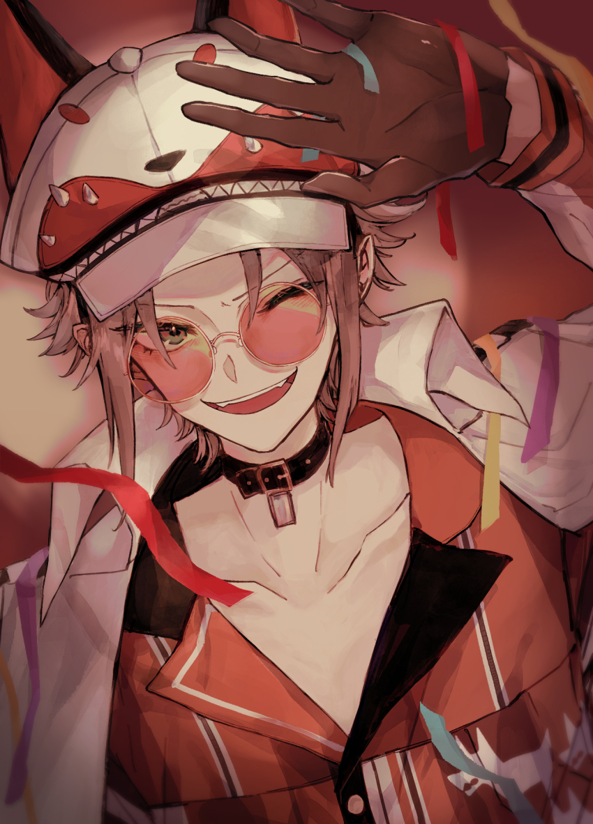 1boy ;d birthday black_collar black_gloves brown_hair coat collar collarbone commentary english_commentary fox_hat gloves green_eyes hand_up hat highres kaku_(kaku_skl) long_sleeves male_focus mixed-language_commentary mysta_rias mysta_rias_(1st_costume) nijisanji nijisanji_en one_eye_closed open_clothes open_coat open_hand open_mouth orange-tinted_eyewear orange_shirt palms round_eyewear shirt short_hair sleeve_cuffs smile solo streamers teeth tinted_eyewear upper_body upper_teeth_only v-neck v-shaped_eyebrows virtual_youtuber white_coat