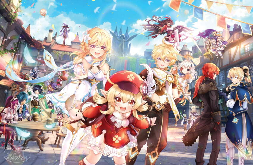 6+boys 6+girls aether_(genshin_impact) albedo_(genshin_impact) amber_(genshin_impact) barbara_(genshin_impact) bennett_(genshin_impact) diluc_(genshin_impact) diona_(genshin_impact) dodoco_(genshin_impact) eula_(genshin_impact) fischl_(genshin_impact) genshin_impact highres jean_(genshin_impact) kaeya_(genshin_impact) klee_(genshin_impact) lisa_(genshin_impact) lumine_(genshin_impact) mona_(genshin_impact) multiple_boys multiple_girls noelle_(genshin_impact) non-web_source oz_(genshin_impact) paimon_(genshin_impact) razor_(genshin_impact) rosaria_(genshin_impact) sucrose_(genshin_impact) venti_(genshin_impact) vision_(genshin_impact)