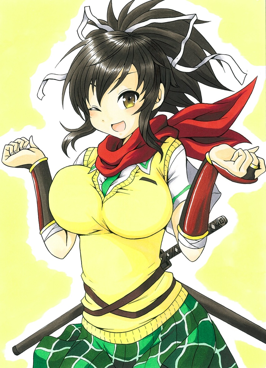 1girl ;d absurdres ajikeneko asuka_(senran_kagura) black_hair blush breasts brown_eyes cowboy_shot female_focus hair_ribbon highres impossible_clothes large_breasts looking_at_viewer marker_(medium) millipen_(medium) necktie nib_pen_(medium) one_eye_closed open_mouth pen_(medium) plaid_clothes plaid_skirt ponytail red_scarf ribbon scarf senran_kagura short_hair short_ponytail skirt smile solo sweater_vest traditional_media white_ribbon wrist_guards