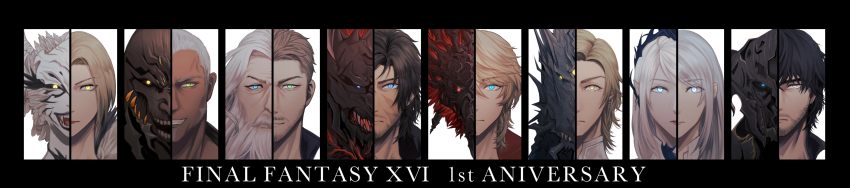 2girls 6+boys absurdres anniversary armor bahamut_(final_fantasy) barnabas_tharmr beard benedikta_harman black_hair blonde_hair cidolfus_telamon clive_rosfield column_lineup copyright_name dark-skinned_male dark_skin dion_lesage evil_smile facial_hair fangs final_fantasy final_fantasy_xvi garuda_(final_fantasy) glowing glowing_eyes gomatoremonn grey_hair highres horns hugo_kupka ifrit_(final_fantasy) jill_warrick joshua_rosfield long_beard long_image looking_at_viewer multiple_boys multiple_girls odin_(final_fantasy) open_mouth pale_skin phoenix_(final_fantasy) ramuh scar scar_on_face shiva_(final_fantasy) smile titan_(final_fantasy) wide_image