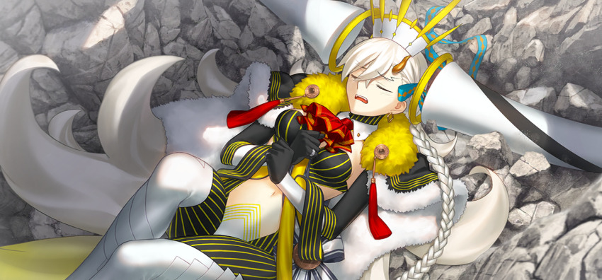 1girl ascot black_gloves braid breasts cape closed_eyes clothing_cutout day detached_horns e-grand_marie earrings fate/grand_order fate_(series) feet_out_of_frame fur-trimmed_cape fur_trim game_cg gloves hair_between_eyes hair_ribbon horns huge_horns jewelry large_variant_set long_hair long_horns lying navel official_art olga_marie_animusphere on_back on_ground open_mouth outdoors red_ascot ribbon rock side_braid solo stomach_cutout striped_bodysuit takeuchi_takashi third-party_source u-olga_marie variant_set very_long_hair white_hair yellow_horns