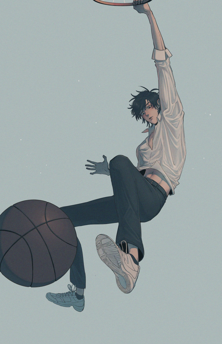 1boy absurdres alternate_costume arm_up ball basketball basketball_(object) basketball_hoop belt black_belt black_hair black_pants cheng_xiaoshi full_body grey_background highres holding jumping looking_down male_focus midriff_peek navel pants parted_lips partially_unbuttoned playing_sports sakurabon386 shiguang_dailiren shirt shoes short_hair simple_background slam_dunk_(basketball) sneakers solo white_shirt white_shoes