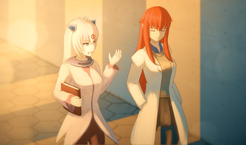 2girls absurdres alternate_universe black_skirt blue_eyes blue_horns blue_shirt book breasts check_spoilers closed_eyes closed_mouth commentary_request dawn dress hand_up hands_in_pockets highres holding holding_book horns la_croix lab_coat large_breasts long_hair mon-musu_quest! multiple_girls open_mouth promestein red_hair ringed_eyes shadow shirt side-by-side skirt spoilers star_of_life sweater tile_floor tiles to_kage_p very_long_hair white_dress white_hair