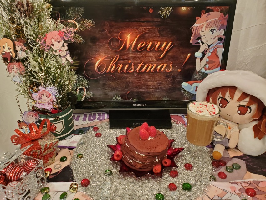 1girl 2d_dating absurdres bow box charm_(object) cheerleader chibi christmas christmas_ornaments christmas_tree collared_shirt commentary copyright_request cup drinking_glass food fruit gift gift_box glass hair_bow hat highres hot_chocolate charm_(object) marble merry_christmas monitor multiple_views orange_eyes orange_hair pancake parted_bangs photo_(medium) placemat plant plate pleated_skirt pom_pom_(cheerleading) pom_pom_(clothes) raspberry red_bow red_shirt santa_costume santa_hat shirai_kuroko shirt short_sleeves skirt sleeveless strawberry stuffed_toy sweater_vest table toaru_kagaku_no_railgun toaru_majutsu_no_index twintails vest whipped_cream white_shirt