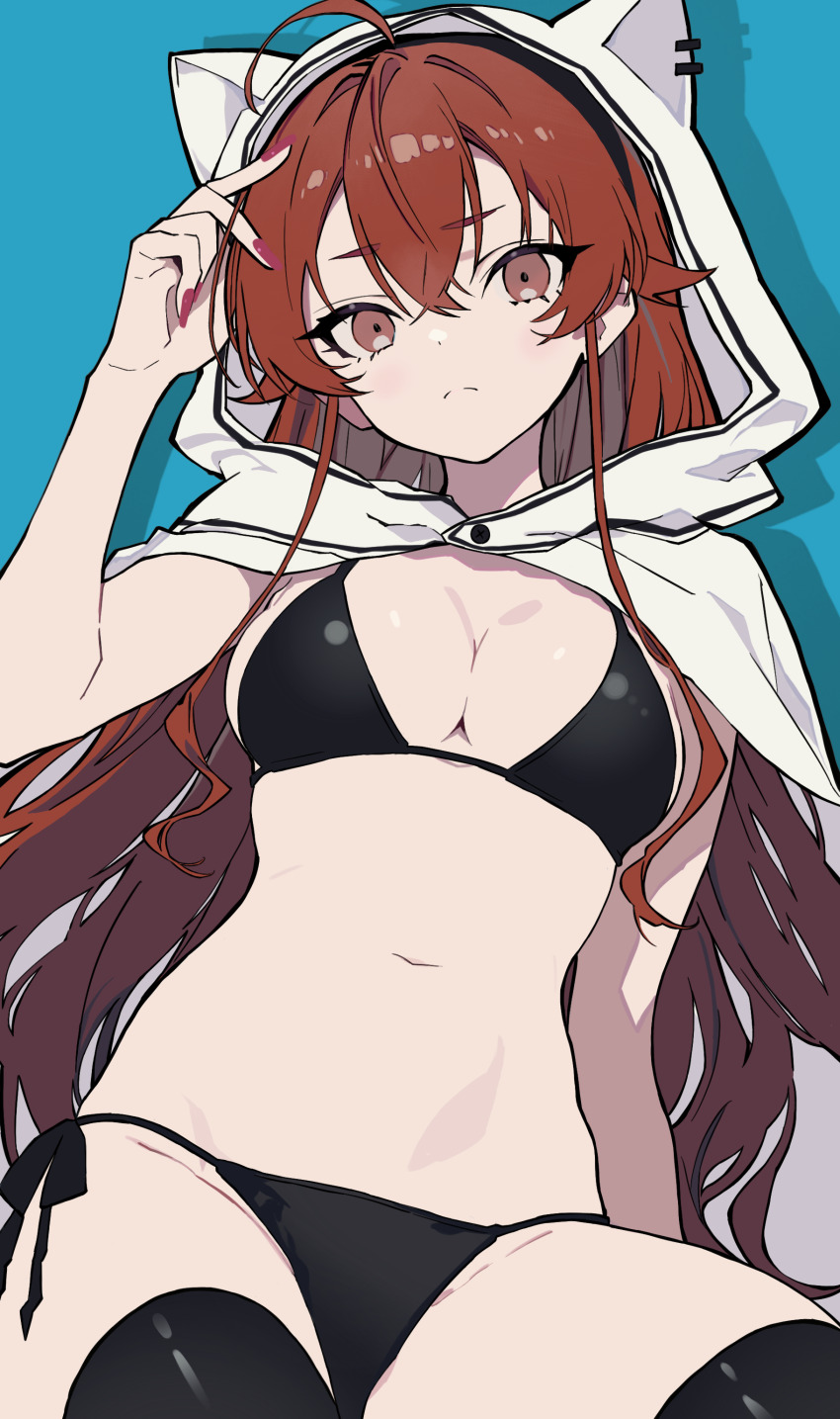 1girl absurdres animal_ear_hood bikini black_bikini black_thighhighs blackcatpancake breasts closed_eyes eris_greyrat fake_animal_ears frown highres hood medium_breasts mushoku_tensei navel red_eyes red_hair side-tie_bikini_bottom solo stomach swimsuit thighhighs thighs