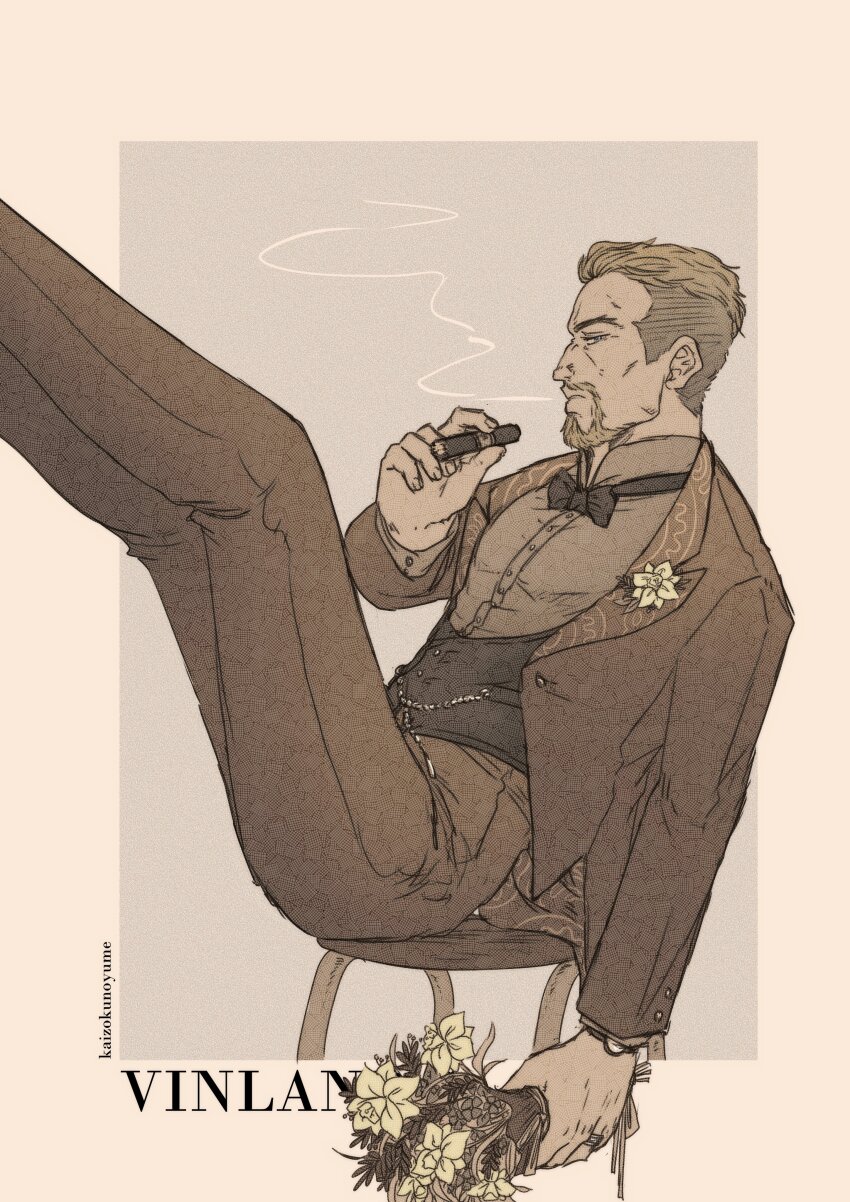 1boy absurdres artist_name askeladd beard black_bow black_bowtie bouquet bow bowtie brown_pants brown_suit chair cigar commentary copyright_name english_commentary facial_hair feet_out_of_frame flower formal_clothes grey_background highres holding holding_bouquet holding_cigar jewelry kaizokunoyume legs_up long_sleeves male_focus pants ring sideburns sitting smoking suit traditional_bowtie vest vinland_saga watch wristwatch