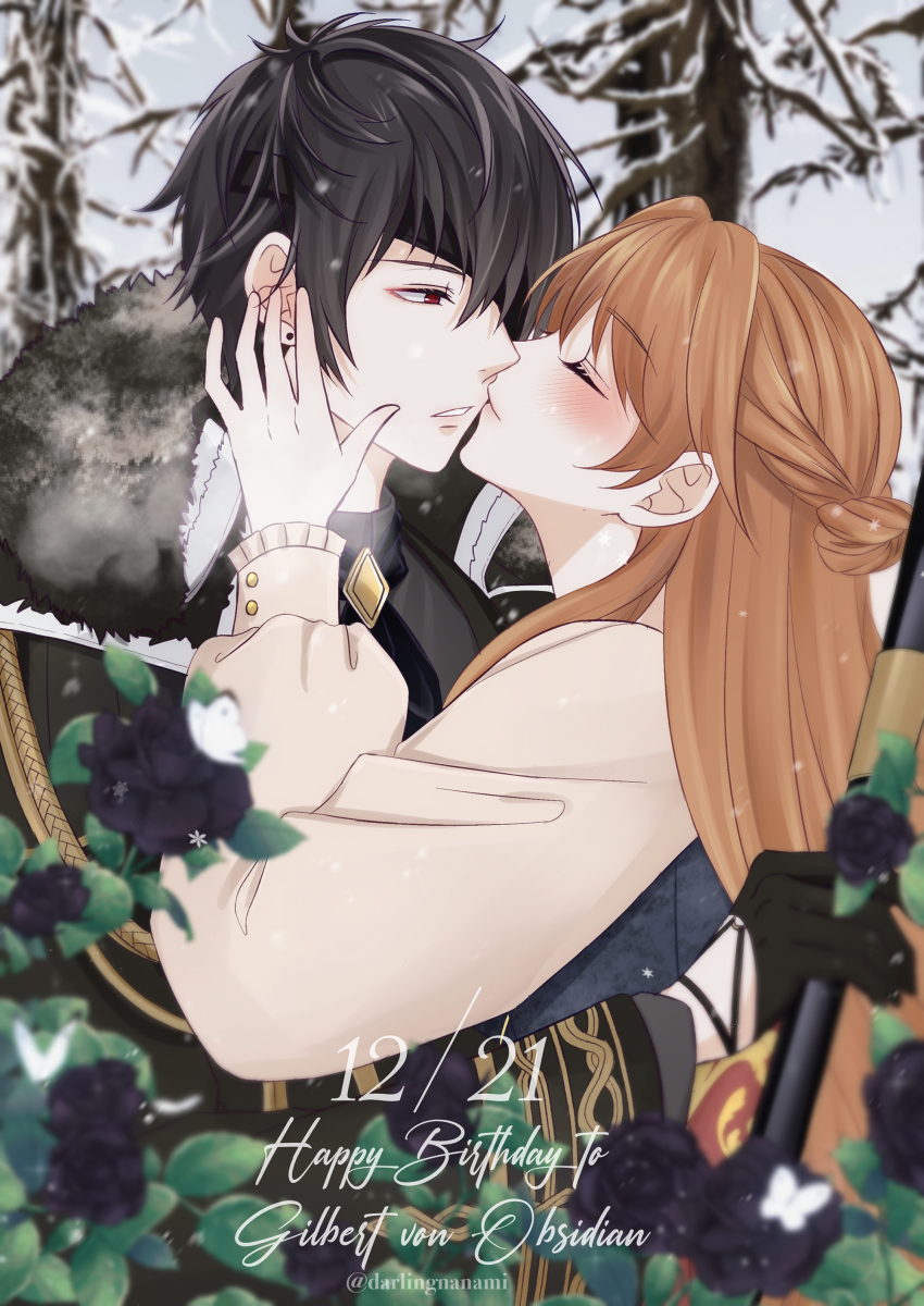 1boy 1girl absurdres bare_tree black_flower black_hair blurry blurry_foreground blush braid breath brown_hair character_name darlingnanami dated earrings emma_(ikemen_prince) eyepatch flower gilbert_von_obsidian happy_birthday hetero highres ikemen_prince jewelry kiss long_hair outdoors red_eyes short_hair stud_earrings tree twitter_username