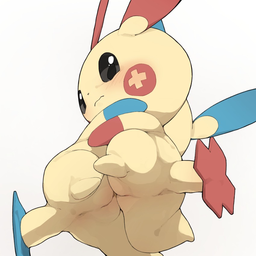 2girls animal_ears anus black_eyes blush closed_mouth colored_sclera female_focus from_below gen_3_pokemon grey_background grey_sclera highres hug looking_down minun multiple_girls nintendo no_humans plusle pokemon pokemon_(creature) pussy simple_background spread_legs tail uncensored youjo_modoki