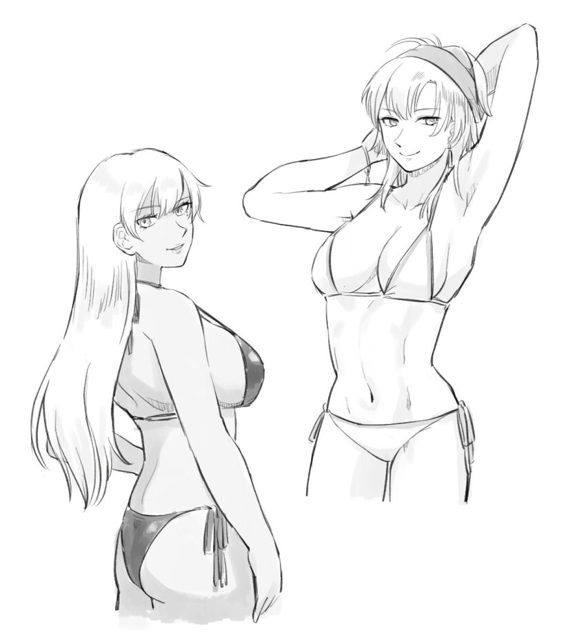 2girls alternate_costume armpits arms_up ass back bare_arms bare_legs bikini black_bikini breasts cleavage dark-skinned_female dark_skin echidna_(fire_emblem) fire_emblem fire_emblem:_the_binding_blade greyscale highres igrene_(fire_emblem) large_breasts looking_at_viewer looking_back looking_to_the_side medium_breasts monochrome multiple_girls navel nintendo sideboob smile standing stomach swimsuit thighs tsukimura_(d24f4z8j3t) white_bikini
