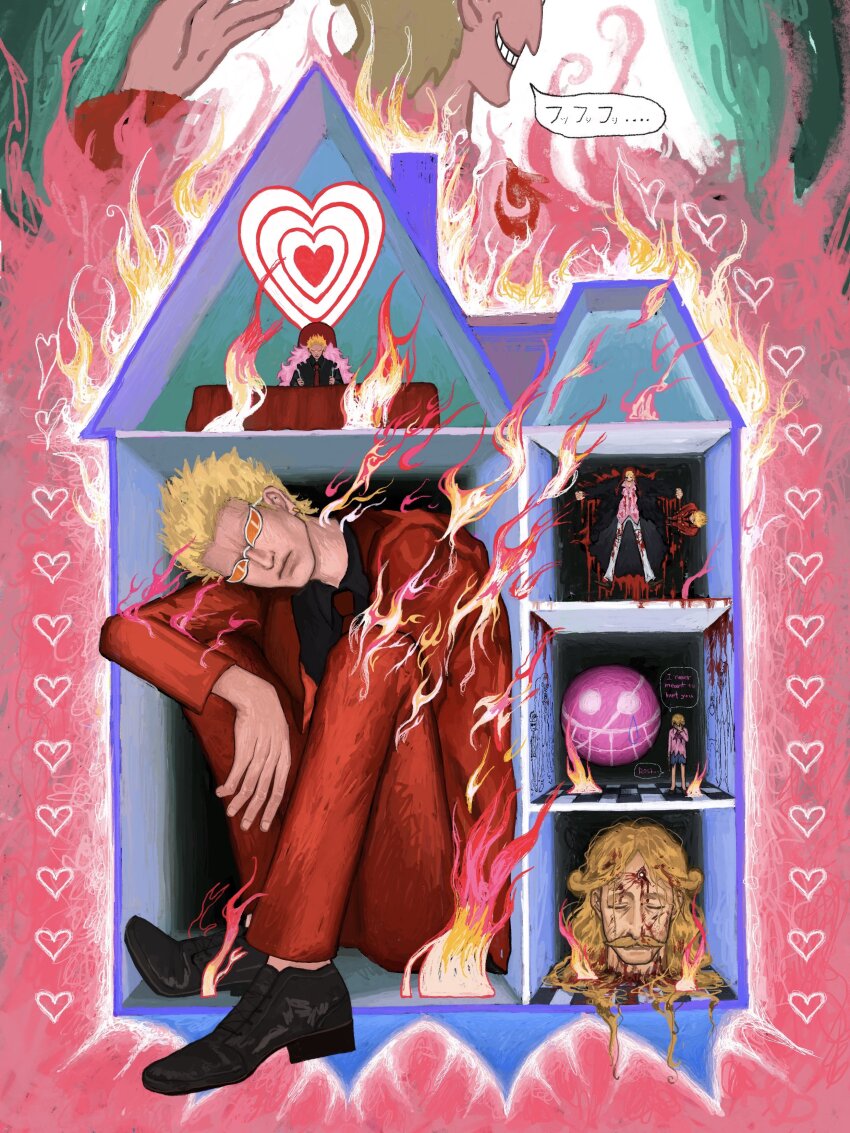1boy absurdres black_coat black_necktie black_shirt blonde_hair brothers coat collared_shirt death doll_house donquixote_doflamingo donquixote_homing donquixote_pirates_jolly_roger donquixote_rocinante father_and_son fire formal_clothes heart highres hv48ell long_hair looking_at_viewer male_focus necktie one_piece pants pink_coat pink_shirt red_pants red_suit sad severed_head shirt short_hair siblings speech_bubble suit sunglasses symbolism