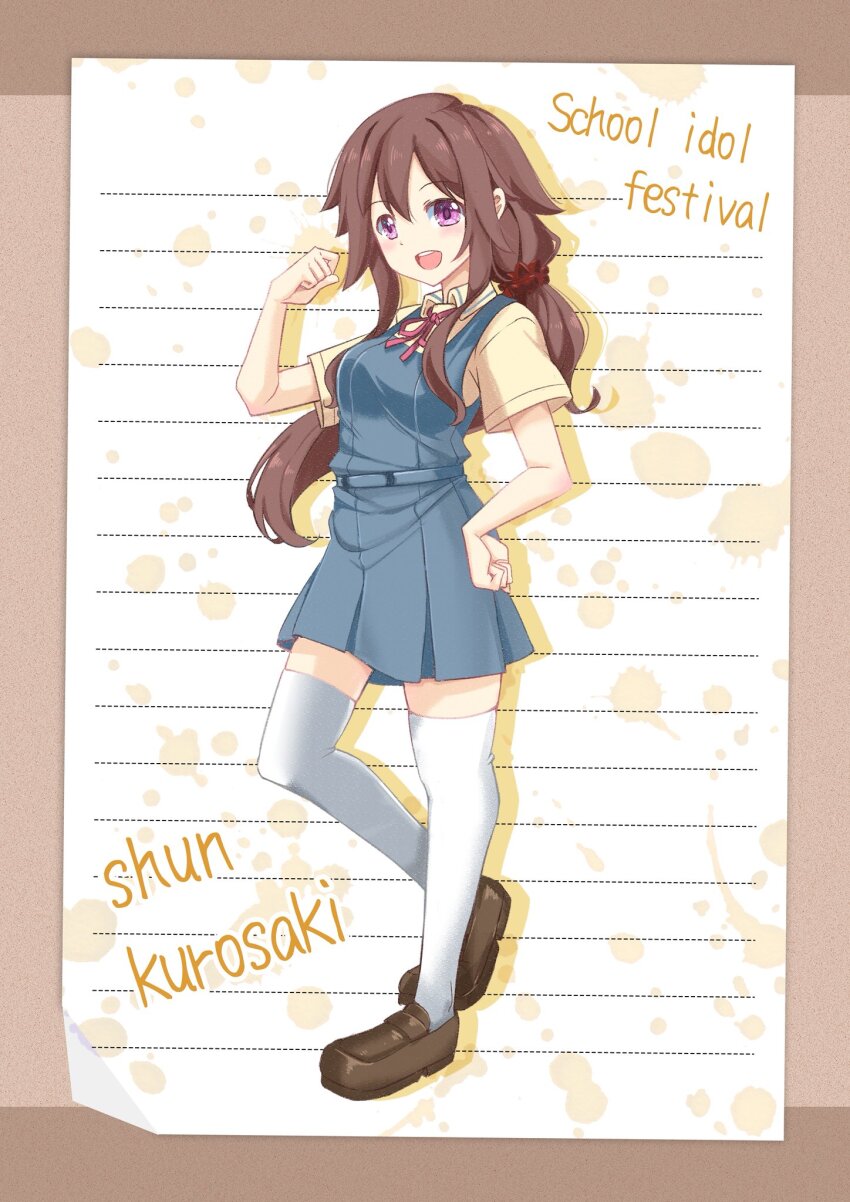 1girl :d alt_text blue_dress border breasts brown_border brown_hair brown_shoes character_name clenched_hands commentary_request dress full_body hand_on_own_hip highres kurosaki_shun_(love_live!) leg_up lined_paper loafers long_hair long_sidelocks looking_at_viewer love_live! love_live!_school_idol_festival low_ponytail matsurugi_tsukasa medium_breasts neck_ribbon open_mouth pinafore_dress pink_ribbon ponytail purple_eyes ribbon school_uniform shoes short_dress sidelocks sleeveless sleeveless_dress smile solo teeth thighhighs touou_academy_school_uniform upper_teeth_only white_thighhighs zettai_ryouiki