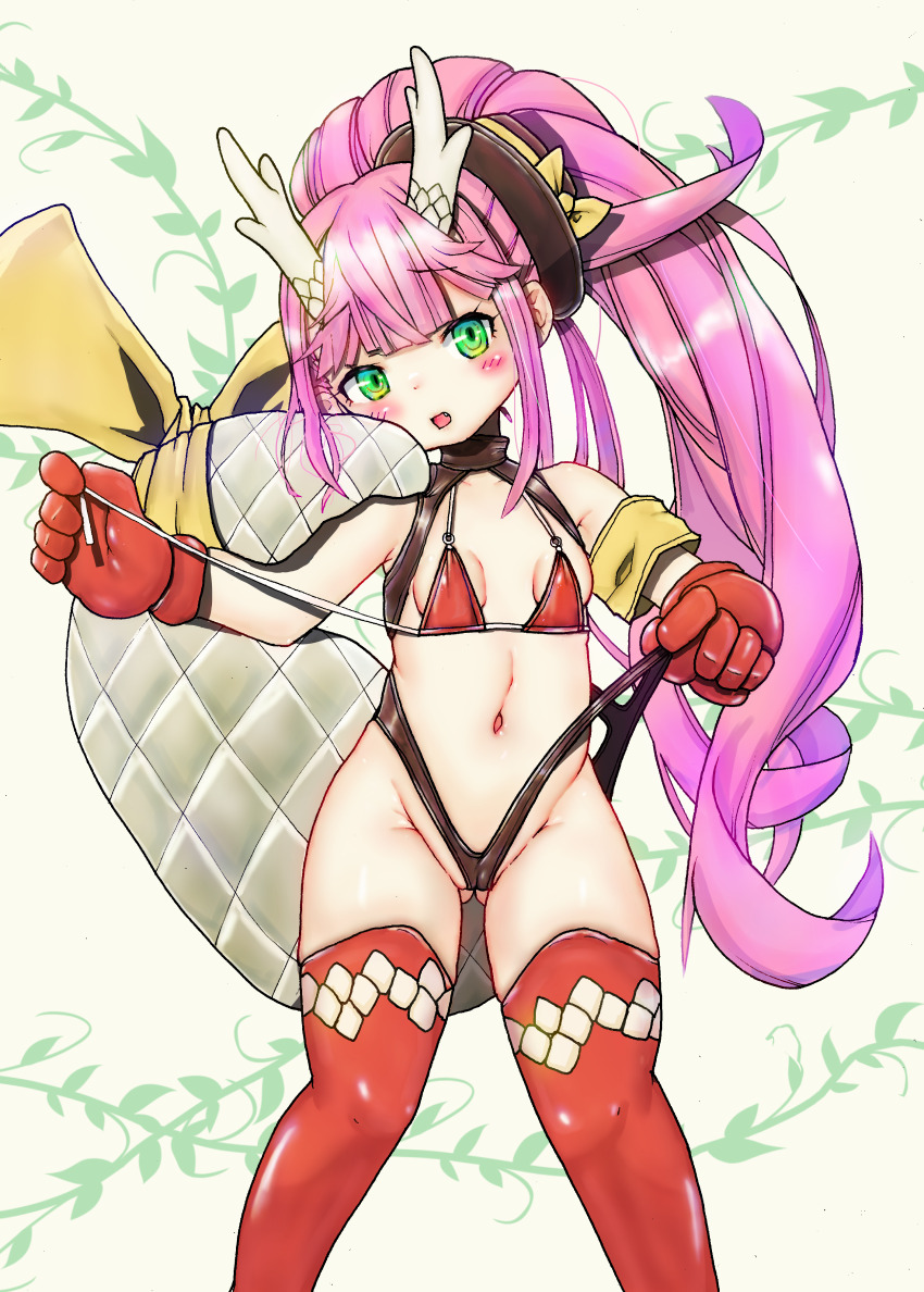 1girl absurdres armband azur_lane bikini breasts dragon_girl dragon_horns dragon_tail gloves gluteal_fold green_eyes groin haganemura high_ponytail highres horns long_hair looking_at_viewer navel official_alternate_costume petite pink_hair ponytail red_bikini red_gloves red_thighhighs ryuujou_(azur_lane) ryuujou_(the_dragon_slides_in!)_(azur_lane) small_breasts solo stomach swimsuit tail thighhighs yellow_armband