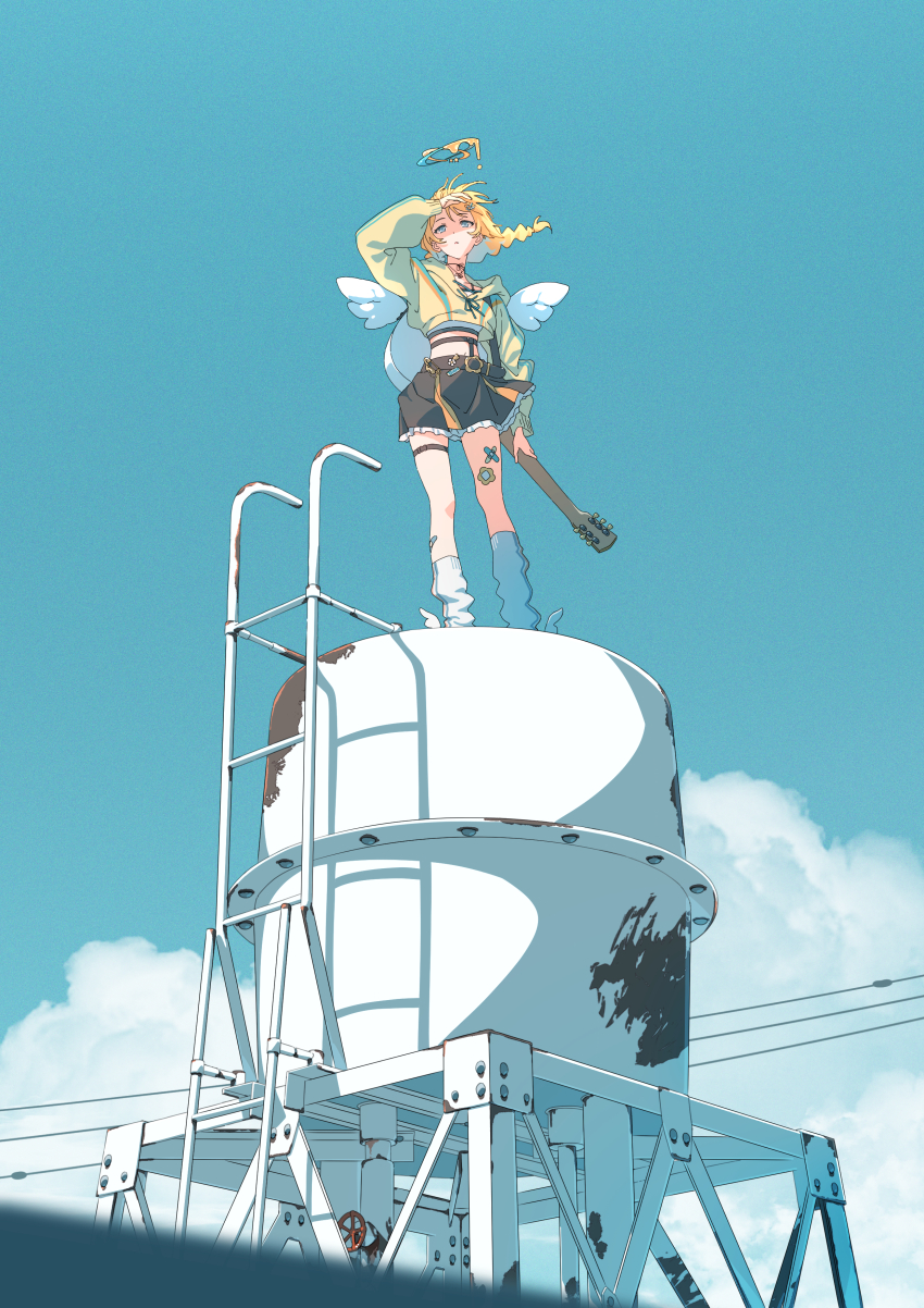 1girl absurdres angel_wings black_skirt blonde_hair blue_sky braid cloud commentary_request cropped_hoodie green_hoodie guitar halo highres holding holding_guitar holding_instrument hood hoodie instrument long_hair melting_halo midriff nashino_(nashitsubu) original outdoors scenery shading_eyes skirt sky solo standing twin_braids water_tower wings yellow_halo