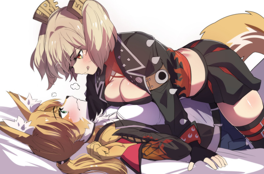 2girls :q absurdres black_gloves black_jacket black_skirt blonde_hair breasts burnice_white cleavage fingerless_gloves furry gloves highres hinghoi jacket large_breasts long_sleeves lying midriff miniskirt multiple_girls on_back pulchra_fellini short_hair skirt smile tongue tongue_out white_background yellow_eyes yuri zenless_zone_zero