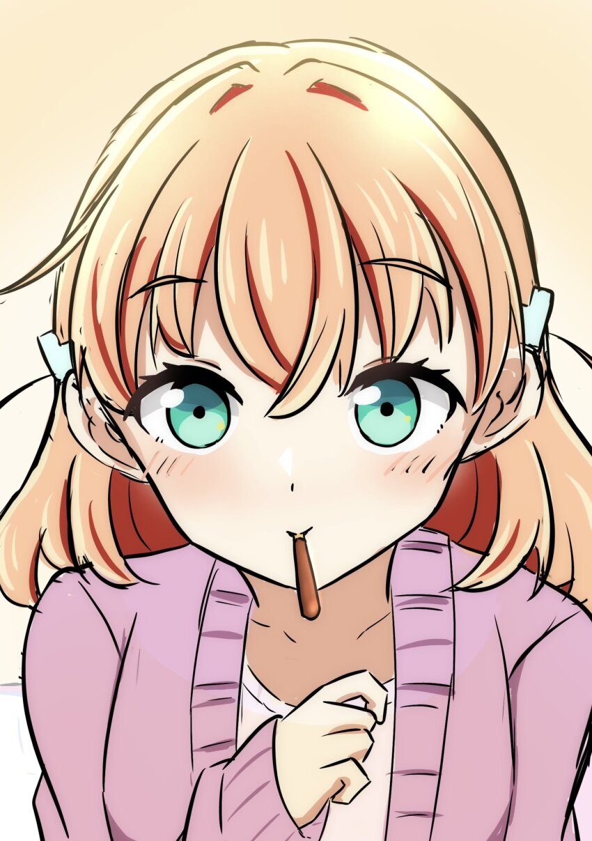 1girl aqua_eyes blush cardigan closed_mouth collarbone commentary crossed_bangs daime_(hyahhaa10) food food_in_mouth hair_ornament highres hinoshita_kaho hinoshita_kaho_(winter_loungewear) incoming_pocky_kiss link!_like!_love_live! long_sleeves looking_at_viewer love_live! medium_hair mouth_hold official_alternate_costume open_cardigan open_clothes orange_hair pink_cardigan pocky pocky_day rabbit_hair_ornament shirt sleeves_past_wrists smile solo t-shirt two_side_up upper_body virtual_youtuber white_shirt