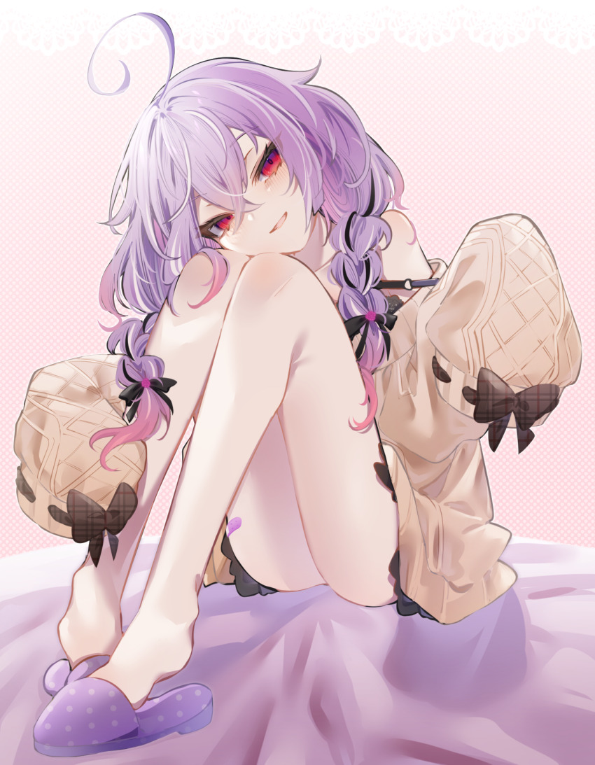 1girl ahoge bandaid black_bow bow braid hand_up hatuho_1223 head_rest head_tilt highres hiyoku_no_crosspiece legs legs_together long_hair long_sleeves looking_at_viewer low_twin_braids multicolored_hair nanashi_inc. plaid_bow polka_dot_footwear purple_hair red_eyes ribbon-trimmed_sleeves ribbon_trim shisui_kiki sitting sleeves_past_fingers sleeves_past_wrists slippers smile solo streaked_hair sweater twin_braids virtual_youtuber