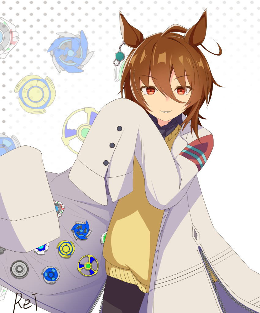 1girl absurdres agnes_tachyon_(umamusume) ahoge animal_ears artist_name beyblade beyblade_(object) brown_hair coat_stash commentary downer_onee-san_wa_asobitai etsuransha_no_rei hair_between_eyes highres horse_ears horse_girl horse_tail lab_coat long_sleeves look-alike pose_imitation red_eyes scene_reference sleeves_past_fingers sleeves_past_wrists solo sweater_vest tail umamusume yellow_sweater_vest