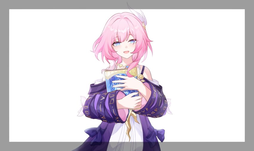 1girl absurdres blue_eyes book chuideng commentary cyrene_(aedes_elysiae)_(honkai:_star_rail) cyrene_(honkai:_star_rail) dress hashtag-only_commentary highres holding holding_book honkai:_star_rail honkai_(series) jacket looking_at_viewer open_mouth pink_hair purple_jacket smile solo white_dress