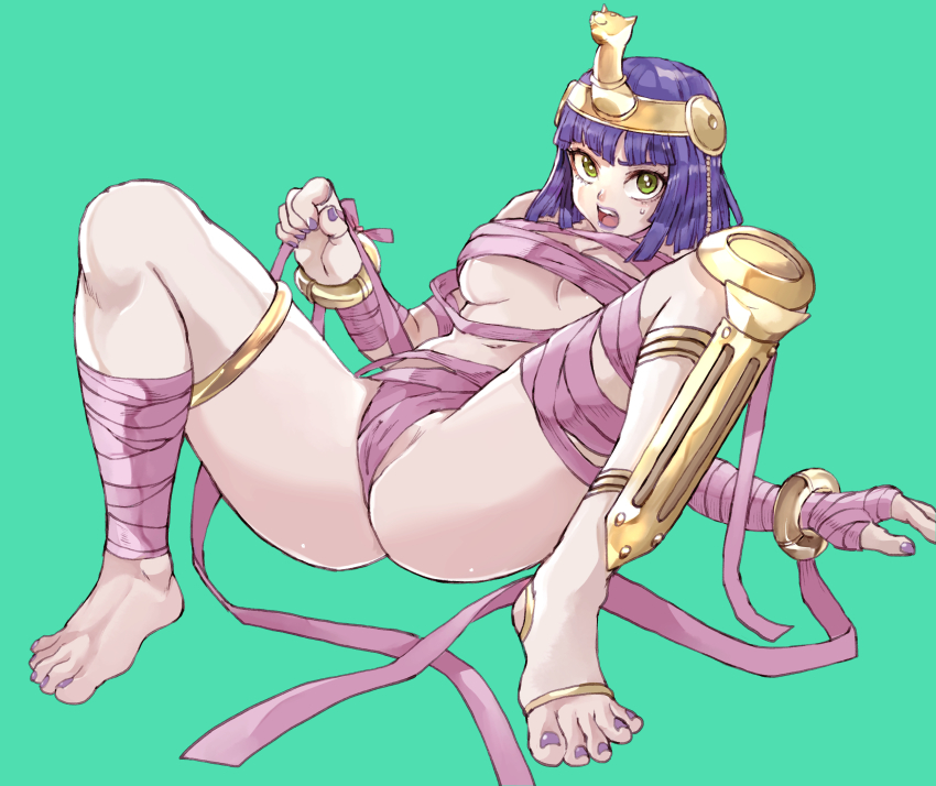 1girl alternate_costume ancient_egyptian armor ass bandaged_arm bandaged_leg bandages barefoot blunt_bangs bracelet breasts cameltoe dark-skinned_female dark_skin fallen_down fingernails full_body greaves green_background green_eyes hajime_(kuninotokotatinokami) headdress highres jewelry knee_pads lipstick looking_at_viewer lying m_legs makeup medium_breasts menat mummy_costume nail_polish naked_bandage navel official_alternate_costume on_back partially_visible_vulva purple_hair purple_lips purple_nails shiny_skin short_hair simple_background single_greave single_knee_pad solo spread_legs street_fighter street_fighter_v sweat sweatdrop thighlet toenail_polish toenails toes underboob wide_hips