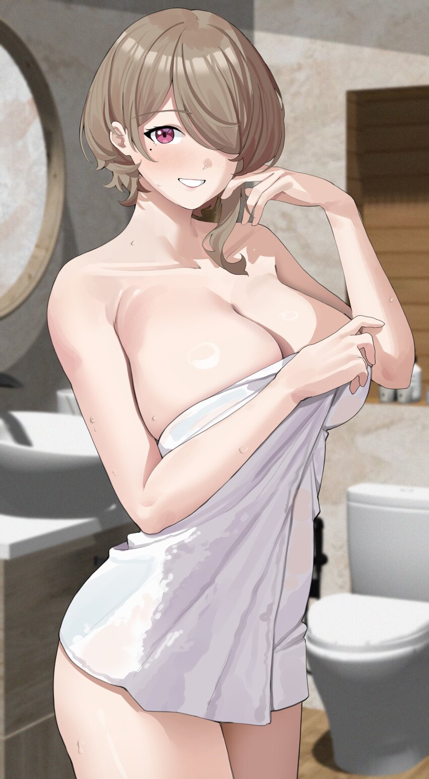 1girl absurdres arm_up bare_shoulders bathroom blush breasts brown_hair cleavage covering_privates cowboy_shot grin haerge hair_behind_ear hair_over_one_eye highres honkai_(series) honkai_impact_3rd indoors large_breasts looking_at_viewer mirror mole mole_under_eye naked_towel nude_cover parted_bangs purple_eyes rita_rossweisse short_hair smile solo standing toilet towel wet