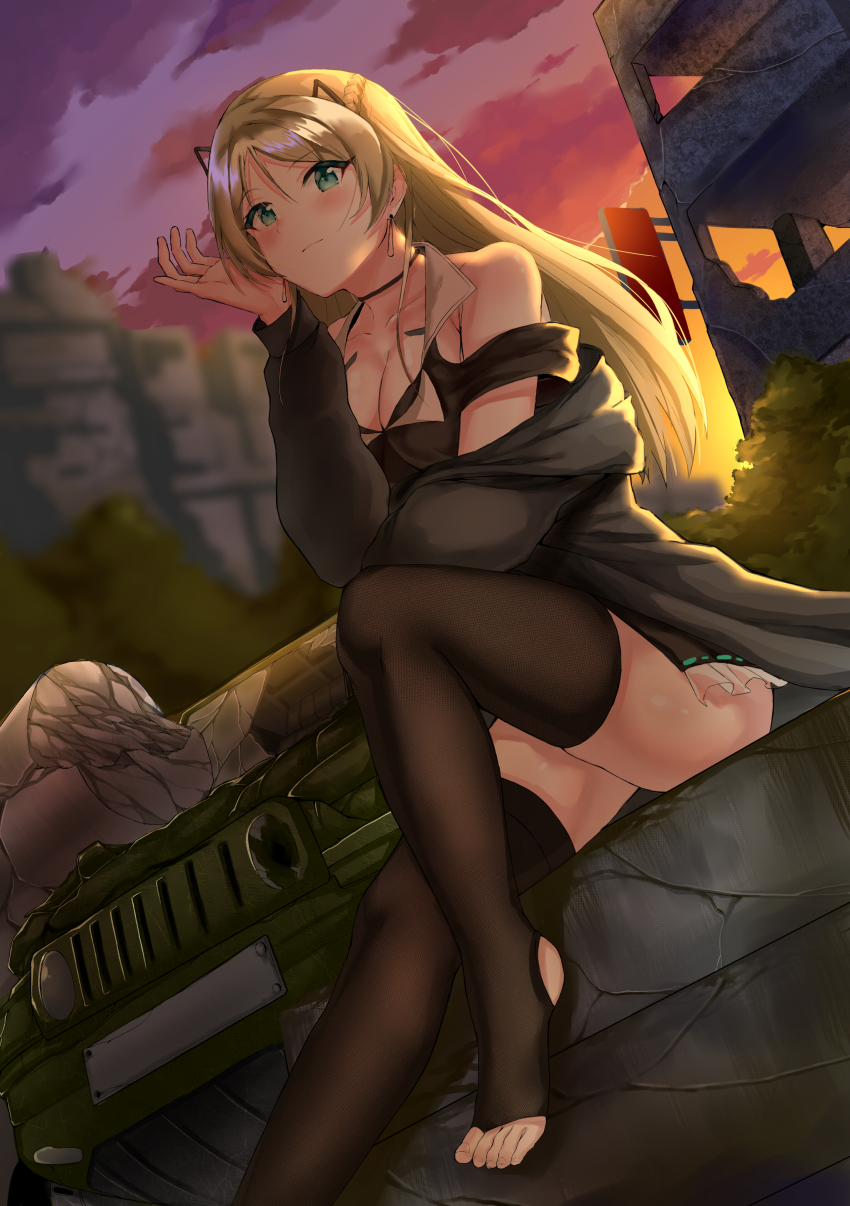1girl absurdres ass bare_shoulders black_thighhighs blonde_hair blue_eyes blush braid breasts car cleavage closed_mouth clothing_cutout cloud cloudy_sky coat collarbone earrings elbow_on_knee elbow_rest evening female_focus girls&#039;_frontline hair_ornament hairclip head_on_hand highres jeep_wrangler jewelry k5_(girls&#039;_frontline) knee_up light_smile long_hair looking_at_viewer medium_breasts motor_vehicle off_shoulder open_clothes open_coat outdoors scenery shoulder_cutout sidelocks sitting skindentation sky smile solo teruru_(pixiv_6148103) thighhighs thighs wreckage