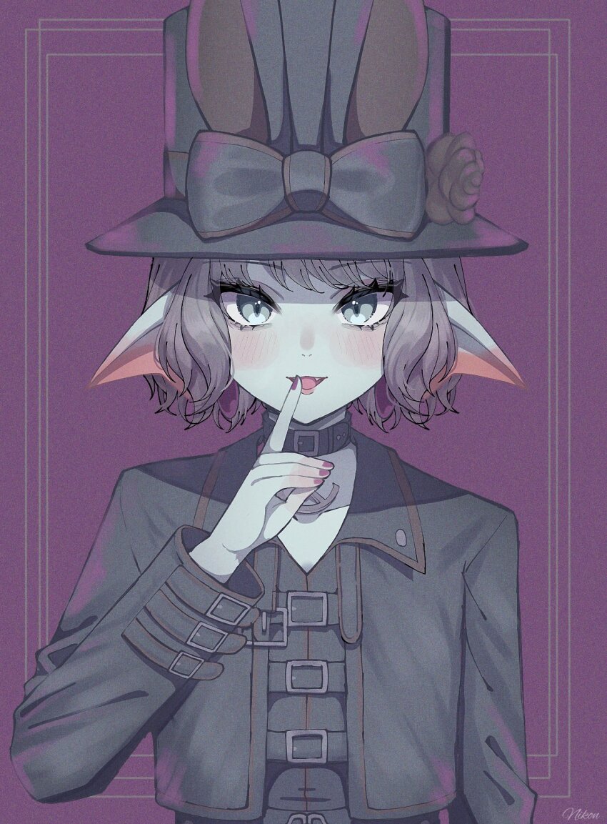 1girl androgynous aqua_eyes aqua_skin artist_name belt_collar black_bow black_choker black_flower black_jacket black_rose black_shirt bow choker collar colored_skin commentary_request cropped_jacket dragon_quest dragon_quest_x fangs film_grain finger_to_mouth fins fish_girl flower grey_hair hat hat_bow hat_flower head_fins highres jacket looking_at_viewer nikon_(user_aznh7528) open_mouth purple_background purple_nails rose shirt short_hair solo top_hat upper_body weddie_(dq10)