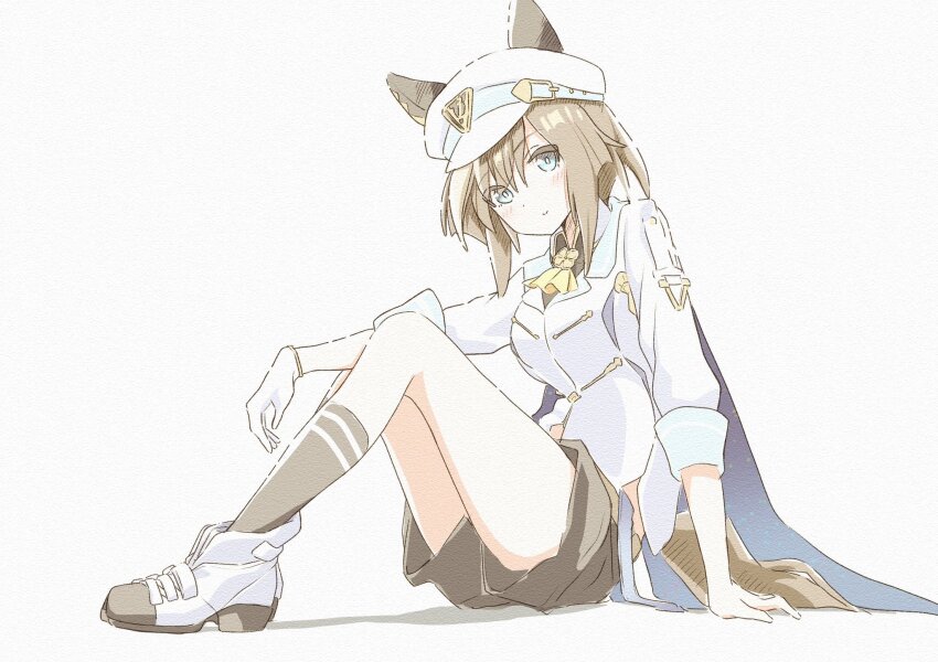 1girl animal_ears ascot black_shorts black_socks blue_cape blue_eyes blush breasts brown_hair cape cheval_grand_(grand_itineraire)_(umamusume) cheval_grand_(umamusume) closed_mouth ear_covers ears_through_headwear gloves hair_between_eyes hakugitsu hat hat_belt highres horse_ears horse_girl horse_tail jacket long_hair looking_at_viewer multicolored_hair peaked_cap shoes shorts simple_background single_glove sitting smile socks solo streaked_hair tail umamusume white_background white_hair white_hat white_jacket yellow_ascot